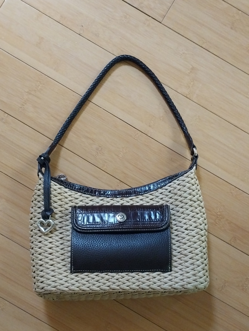 Brighton Beige Woven Shoulder Bag with Dark Brown Leather Trim and Heart Charm